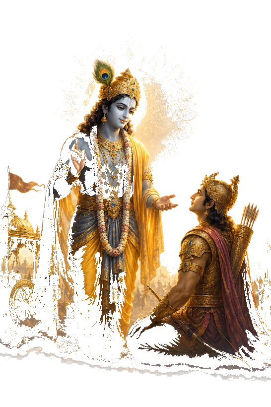 Krishna counselling Arjuna on the battlefield